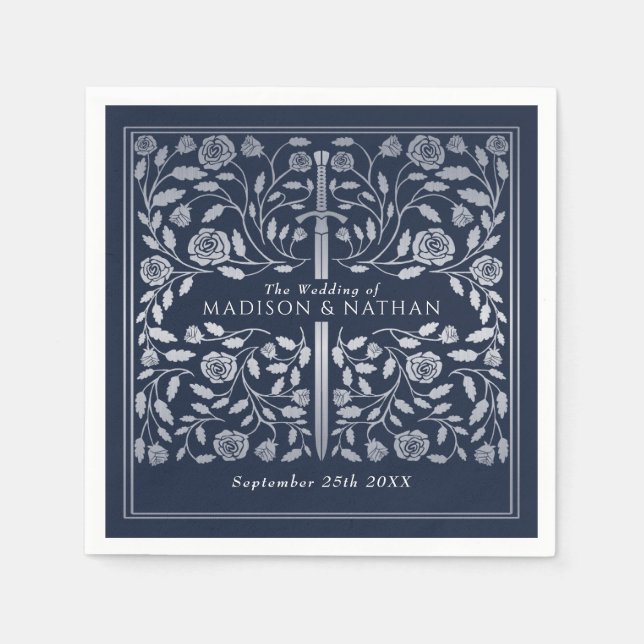 Silver Blue Royal Medieval Gold Sword Wedding Napkin (Front)