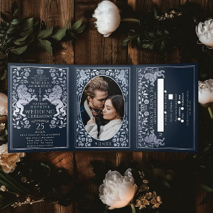Silver Blue Royal Medieval Lion Wedding Tri-Fold Invitation