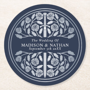 Silver Blue Royal Medieval Sword Wedding Round Paper Coaster