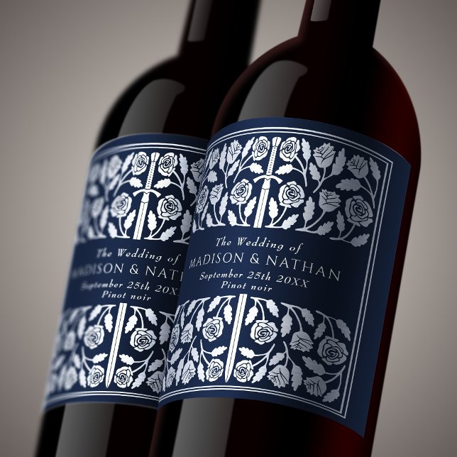 Silver Blue Royal Medieval Sword Wedding Wine Label (Creator Uploaded)