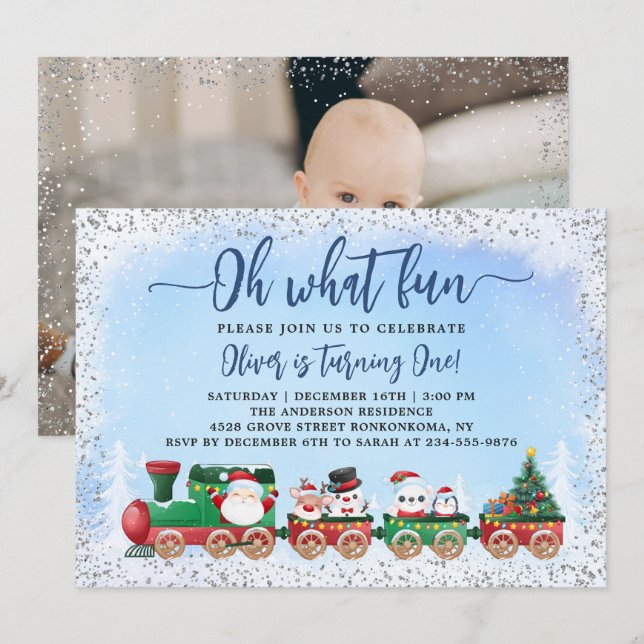 Silver Blue Santa Claus Christmas Birthday Photo Invitation (Front/Back)