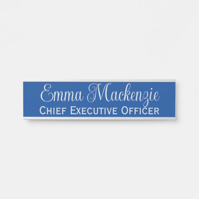 Silver Blue Script Door Sign for Office (Front)