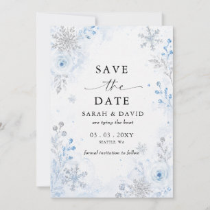 Silver Blue Snowflake Floral Winter Wedding Photo Save The Date