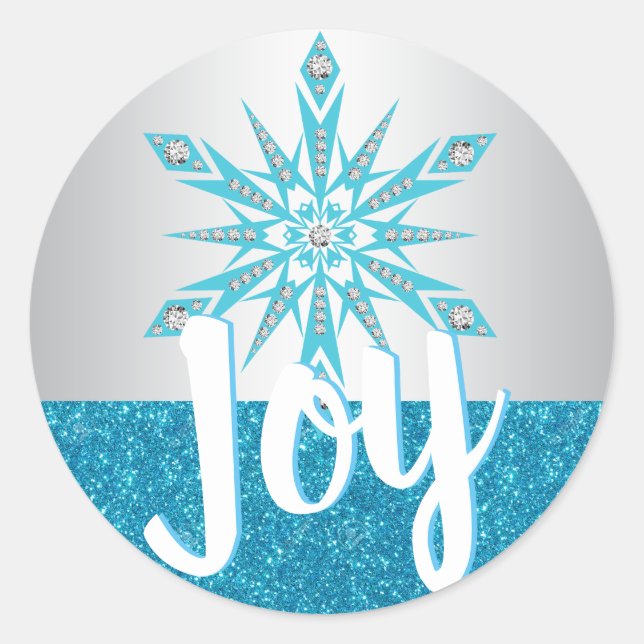 Silver Blue Snowflake JOY Holiday Christmas Classic Round Sticker (Front)