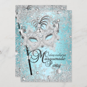 Silver Blue Snowflake Mask Masquerade Quinceanera Invitation