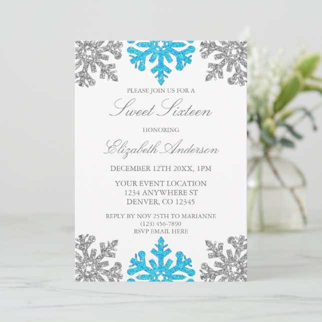 Silver Blue Snowflake Winter Sweet 16 Invitation (Standing Front)