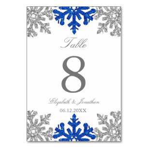 Silver Blue Snowflake Winter Wedding Table Number