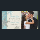 Silver Blue Snowflake Winter Wedding Thank You<br><div class="desc">Personalize the photo and the text on this silver grey, ice blue, and ivory or champagne snowflake winter wedding thank you photo card. To change the text and photo use the personalize options. To make additional changes, including changes to the font, font size, font colour, text placement, photo size, and/or...</div>