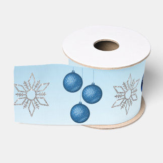 Silver & blue snowflakes and ornaments Christmas Grosgrain Ribbon