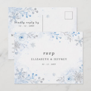 Silver Blue Snowflakes Floral Winter Wedding RSVP Postcard