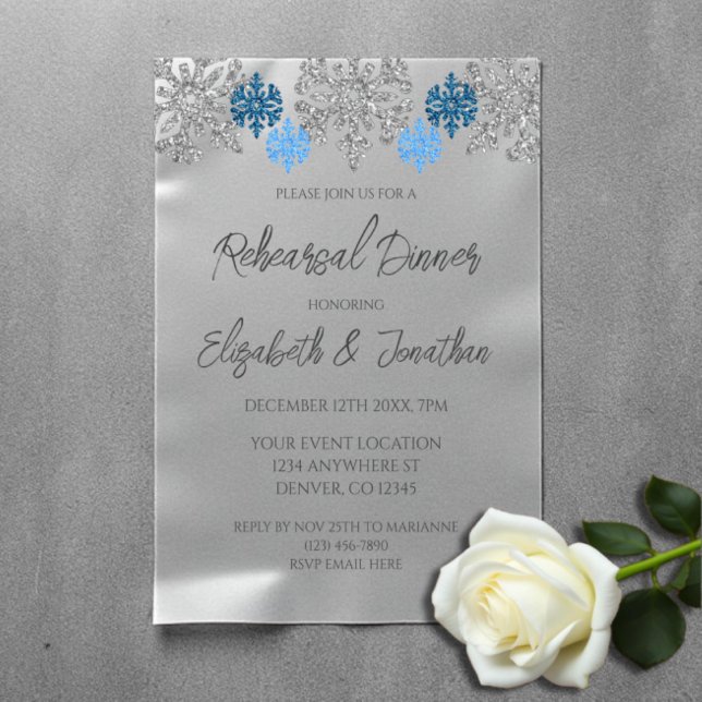 Silver Blue Snowflakes Winter Rehearsal Dinner Vellum Invitations (Creator Uploaded)