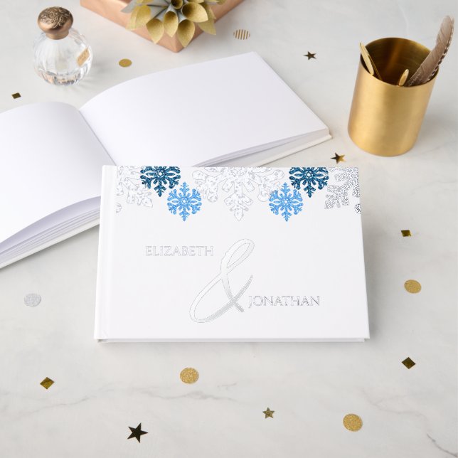 Silver Blue Snowflakes Winter Wedding Guest Book (Front Open)