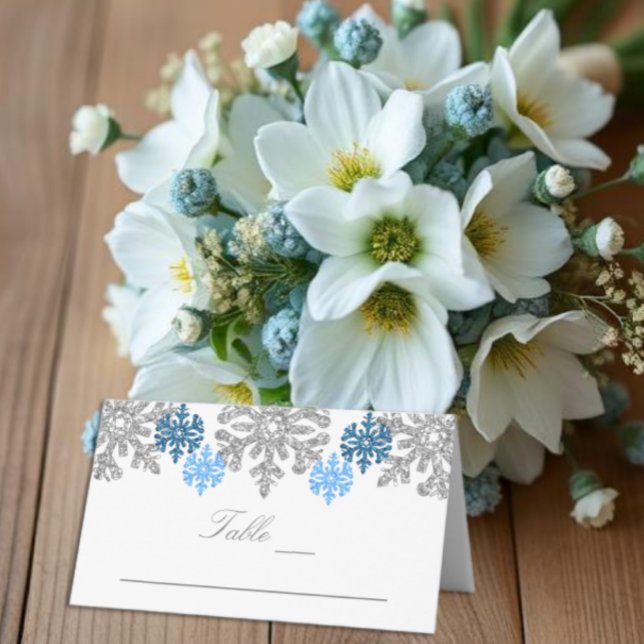 Silver Blue Snowflakes Winter Wedding Place Card (Creator Uploaded)