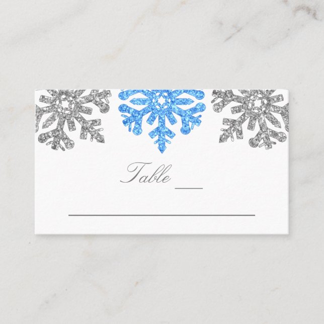 Silver Blue Snowflakes Winter Wedding Place Card (Front)