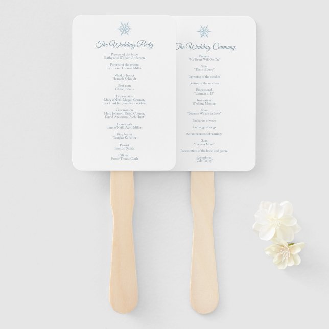Silver Blue Snowflakes Winter Wedding Program Hand Fan (Front and Back)