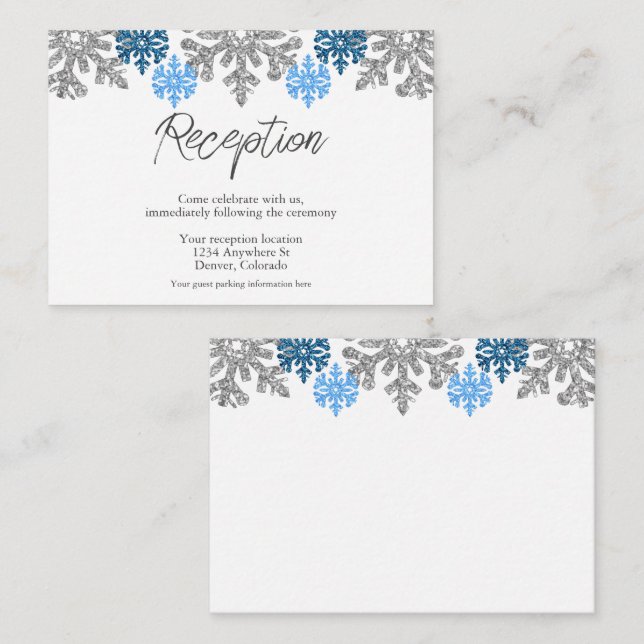 Silver Blue Snowflakes Winter Wedding Reception Enclosure Card (Front/Back)