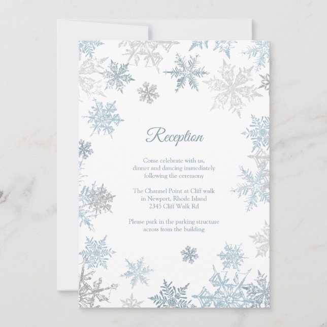 Silver Blue Snowflakes Winter Wedding Reception Invitation (Front)