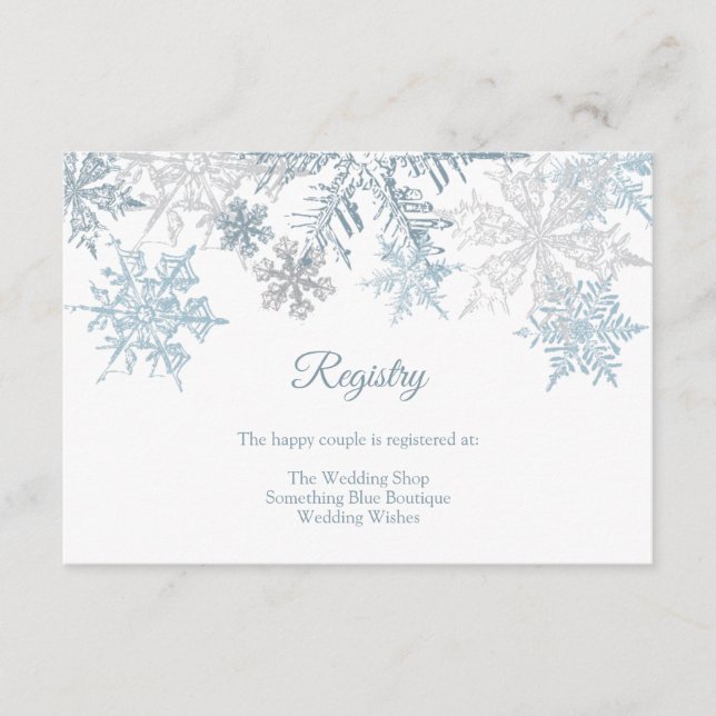 Silver Blue Snowflakes Winter Wedding Registry Enclosure Card (Front)
