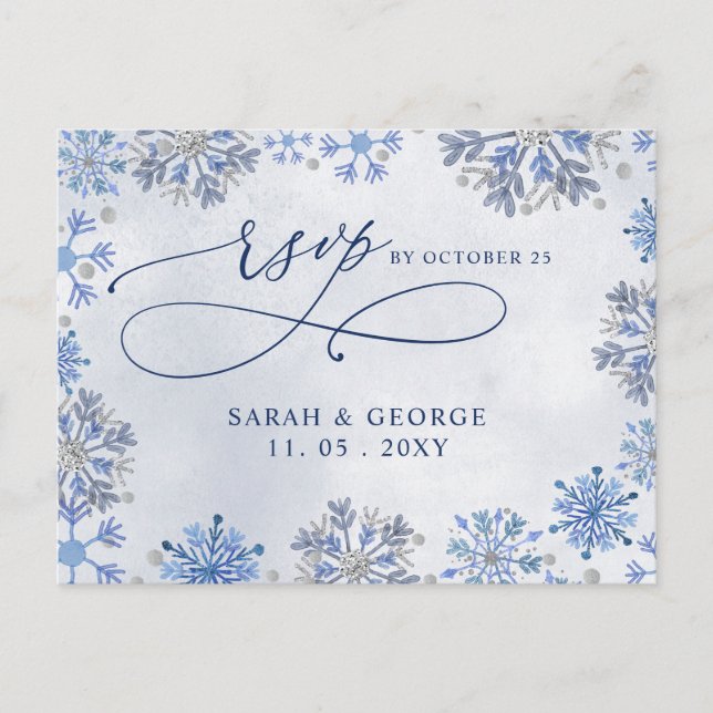 Silver Blue Snowflakes Winter Wedding Rsvp Postcard (Front)