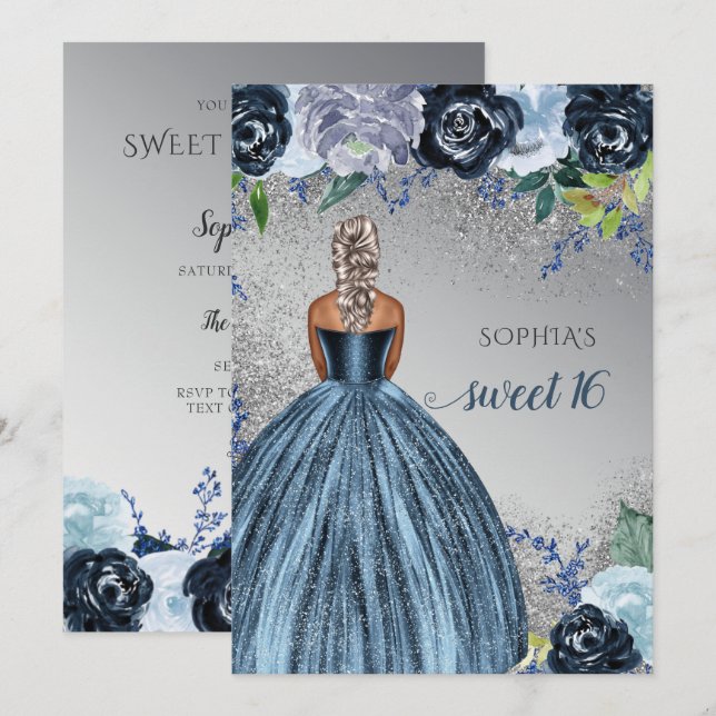 Silver Blue Sparkle Dress Sweet 16 birthday Invitation (Front/Back)