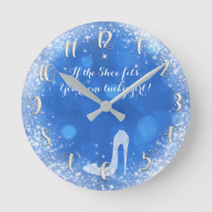 Silver & Blue Sparkle High Heel Princess Slipper Round Clock