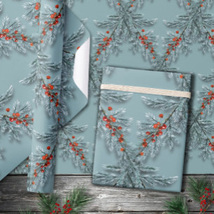 Silver Blue Spruce Red Berries Lattice Blue Wrapping Paper