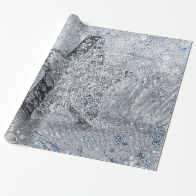 Silver blue star wrapping paper (Unrolled)