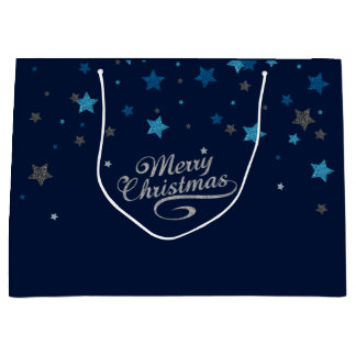 Silver Blue Stars Merry Christmas Holiday Gift Bag