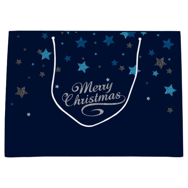 Silver Blue Stars Merry Christmas Holiday Gift Bag (Front)
