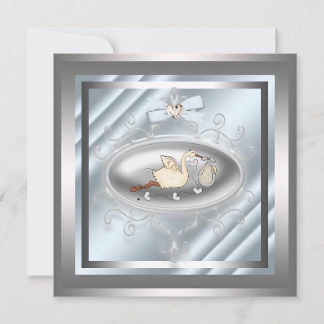 Silver Blue Stork Baby Boy Shower Invitations (Front)