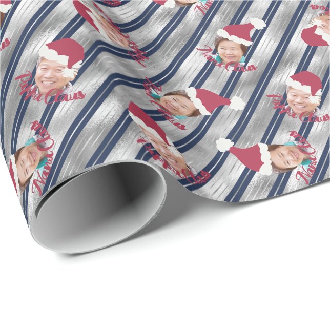 Silver & Blue Stripes Santa Hats Custom Photo Wrap Wrapping Paper (Roll Corner)