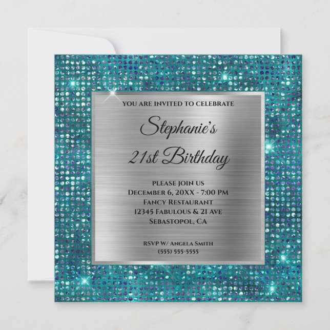 Silver Blue Teal Diamond Studded Foil Birthday Invitation (Front)