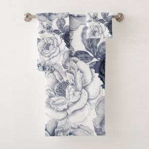 Silver Blue Vintage Flowers Pattern Bath Towel Set