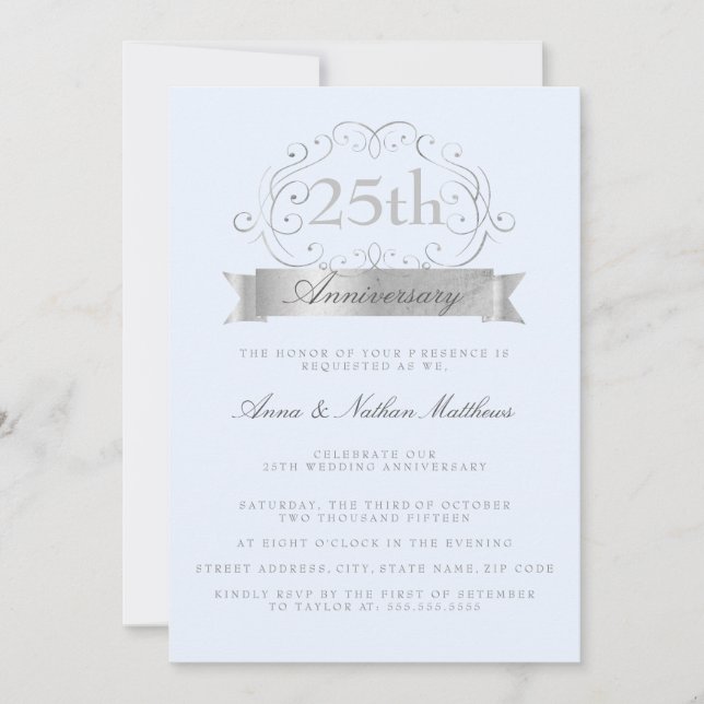 Silver & Blue Wedding 25th Anniversary Invitations (Front)