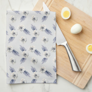 Silver Blue White Flowers & Evergreens Kitchen Towel
