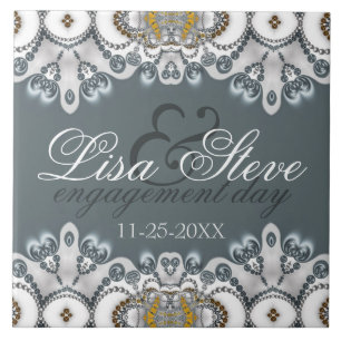 Silver Blue + White Lacy Engagement Keepsake Gift  Tile