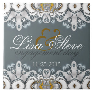 Silver Blue + White Lacy Engagement Keepsake Gift Tile
