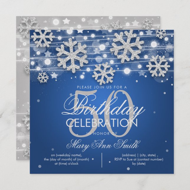 Silver Blue Winter Glitter 50th Birthday Party Invitation (Front/Back)