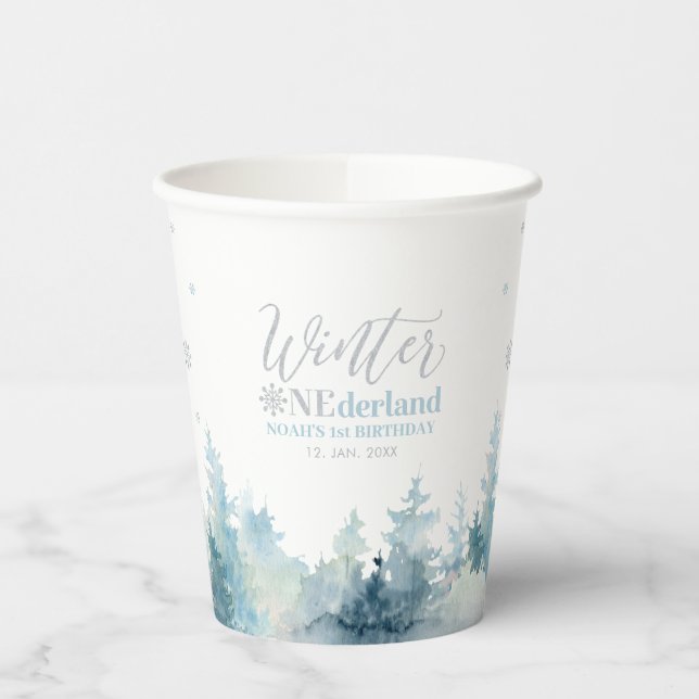 Silver & Blue Winter Onderland 1st Birthday Party Paper Cups (Left)