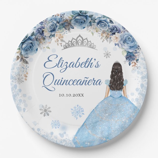 Silver Blue Winter Snowflake Quince Paper Plate (Front)