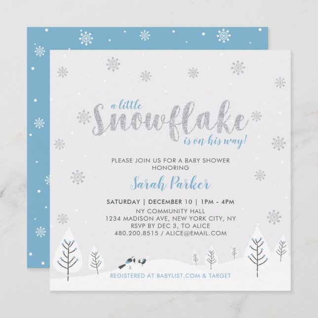 Silver & Blue Winter Wonderland Boy Baby Shower Invitation (Front/Back)