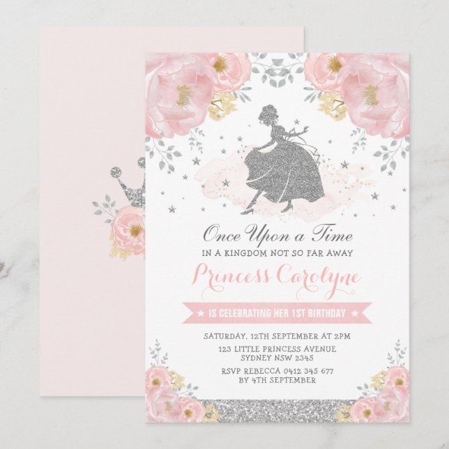 Silver Blush Floral Princess Cinderella Birthday Invitation (Front/Back)