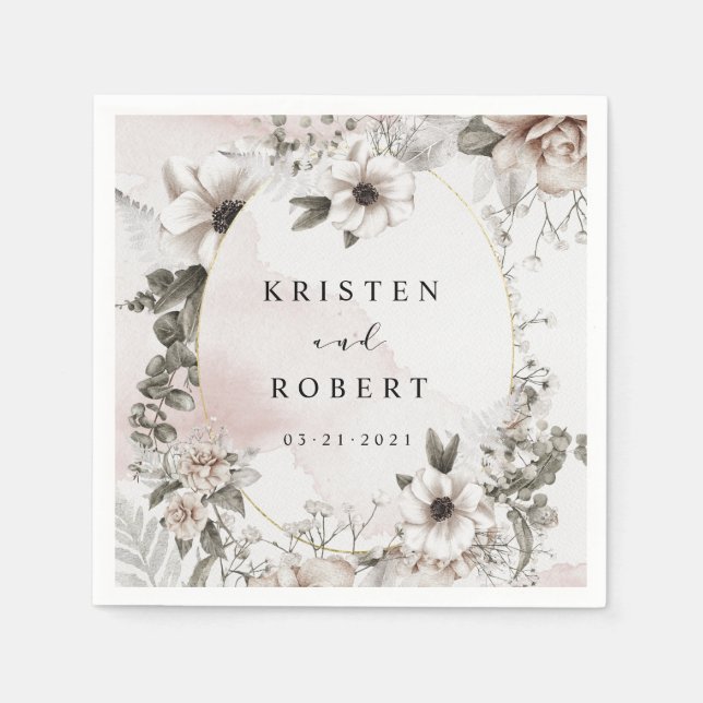 silver blush floral wedding square paper  napkin (Front)