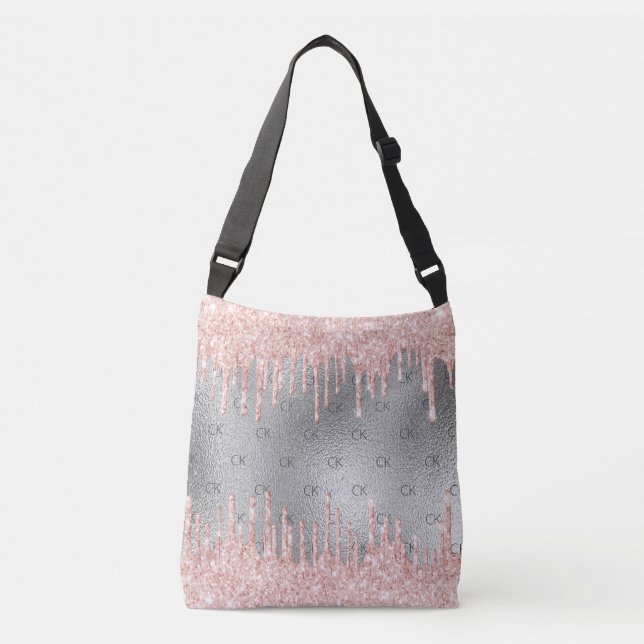Silver blush glitter sparkles monogram initials crossbody bag (Front)
