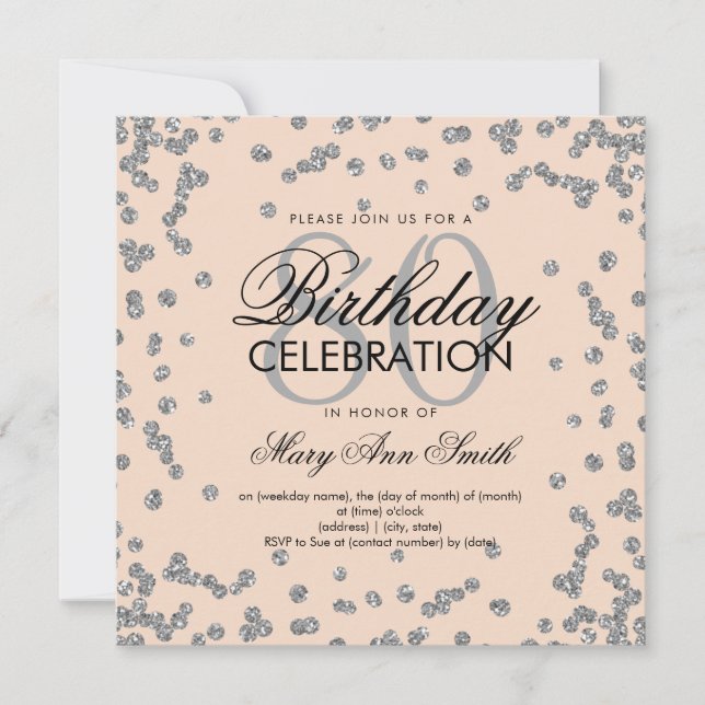 Silver Blush Pink 80th Birthday Glitter Confetti Invitation (Front)