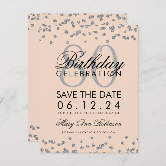 Silver Blush Pink 80th Birthday Save Date Confetti Invitation (Front/Back)
