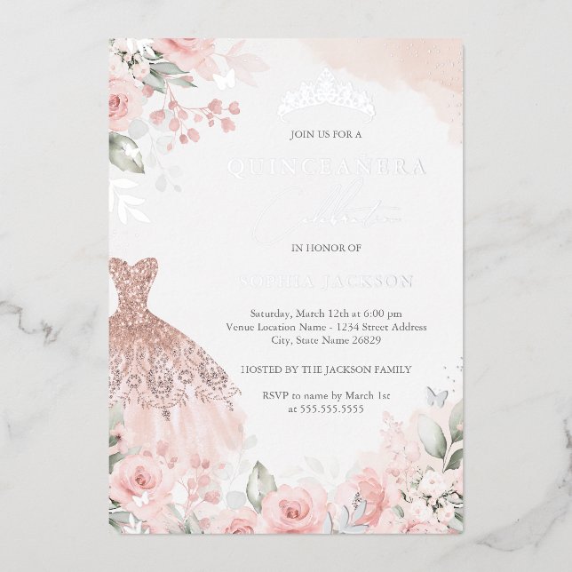 Silver Blush Pink Dress Floral Quinceanera  (Front)