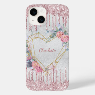 Silver blush pink floral heart name Case-Mate iPhone 14 case