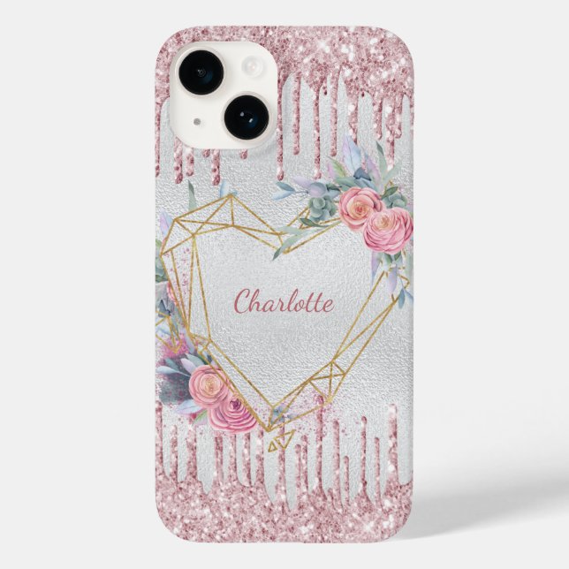 Silver blush pink floral heart name Case-Mate iPhone case (Back)
