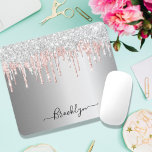 Silver blush pink glitter drip sparkle monogram mouse pad<br><div class="desc">An elegant, girly and glam mouse pad. A faux silver background. Decorated with silver and blush pink, sparkling faux glitter drips, paint dripping look. A bit of everyday luxury and bling. Personalize and add your name. The name is written with a modern hand lettered style script. Dark grey coloured letters....</div>